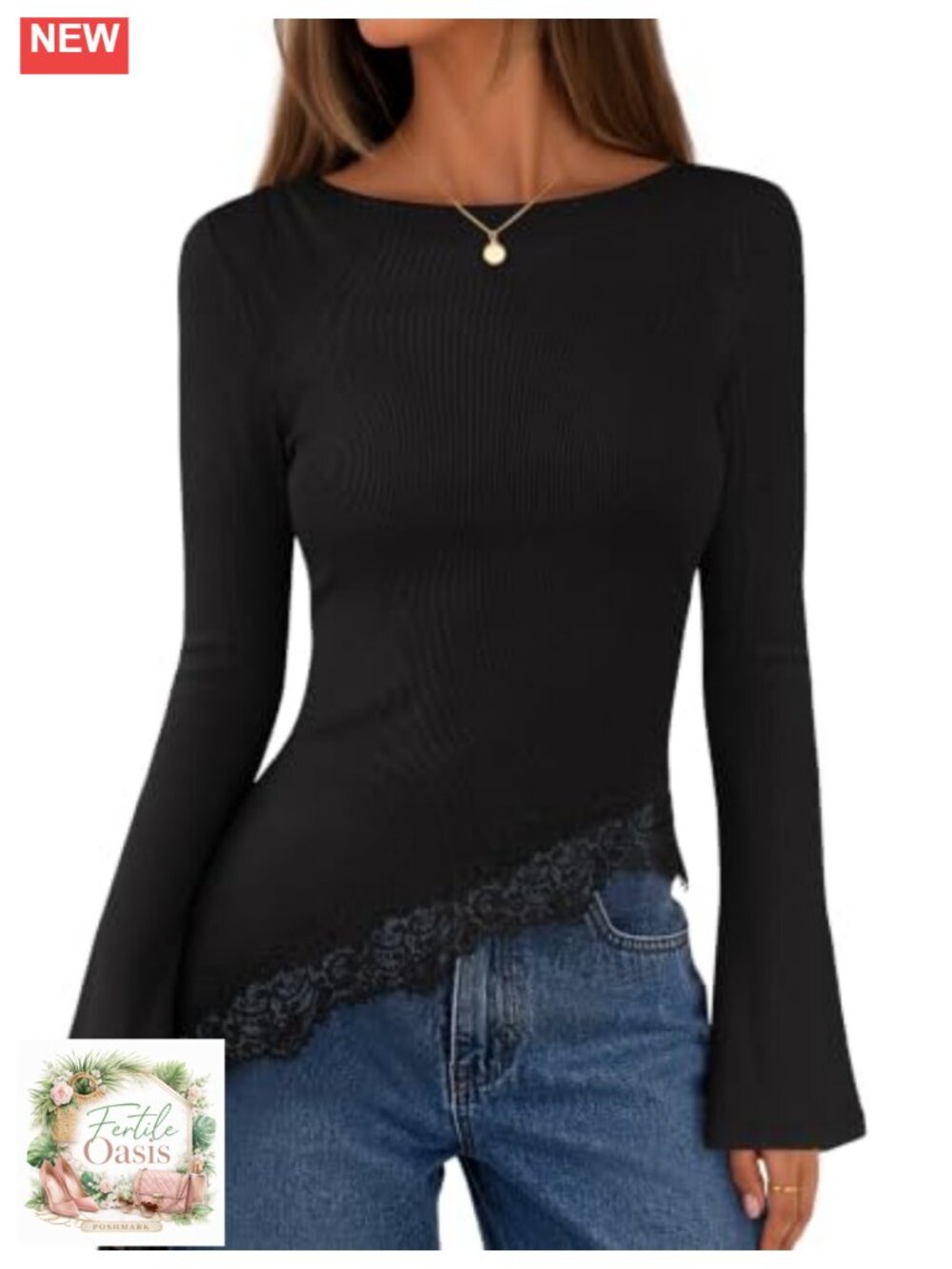 Lace Trim Asymmetrical Boat Neck Long Sleeve Ribbed Knit Top